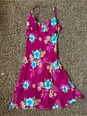 Vintage Made in Hawaii Hibiscus Print Linen Dress